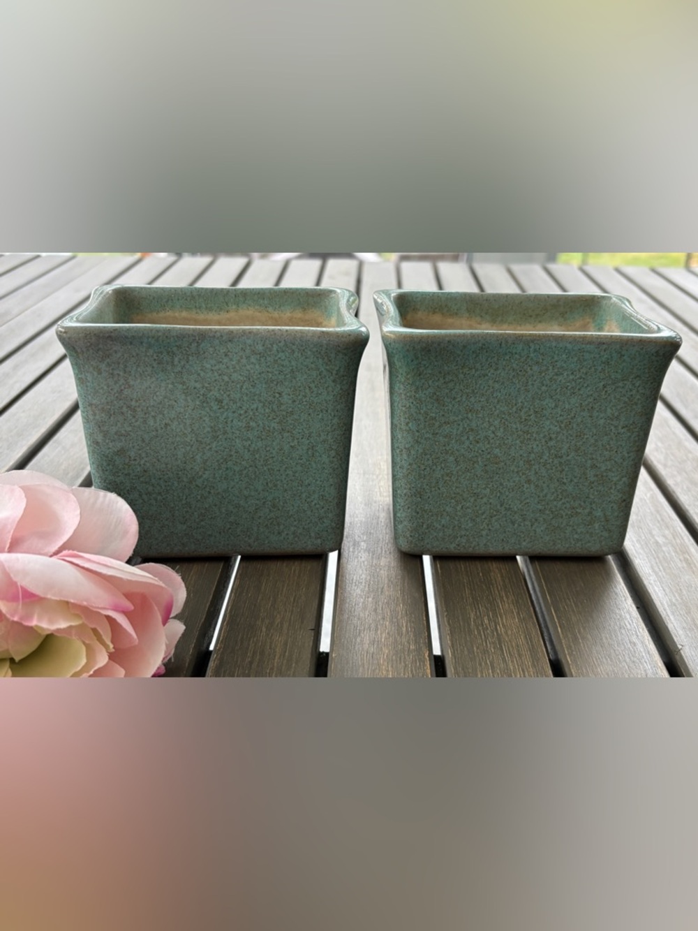 Vintage Glidden Art Pottery Planters Celadon Blue Speckled (set of 2)